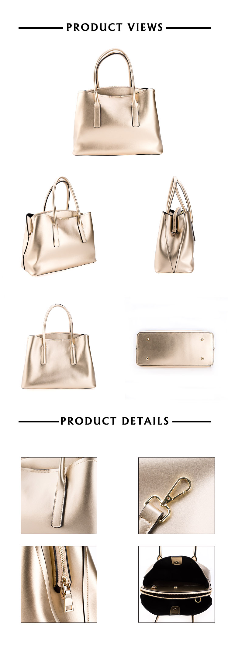 Gold Shining PU Big Zippered Women Handbag