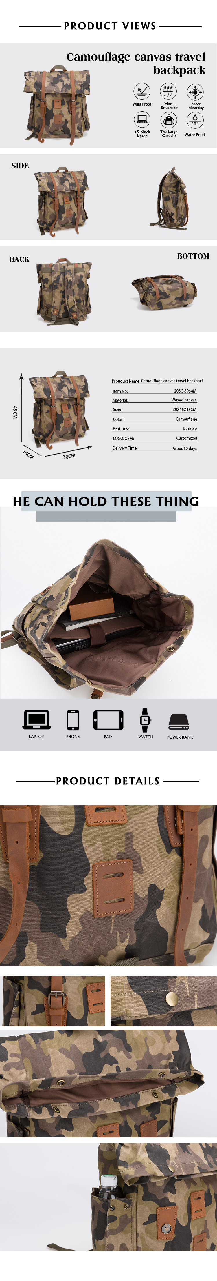 Camouflage Flap Top Anti-theft Waxed Canvas Backpack