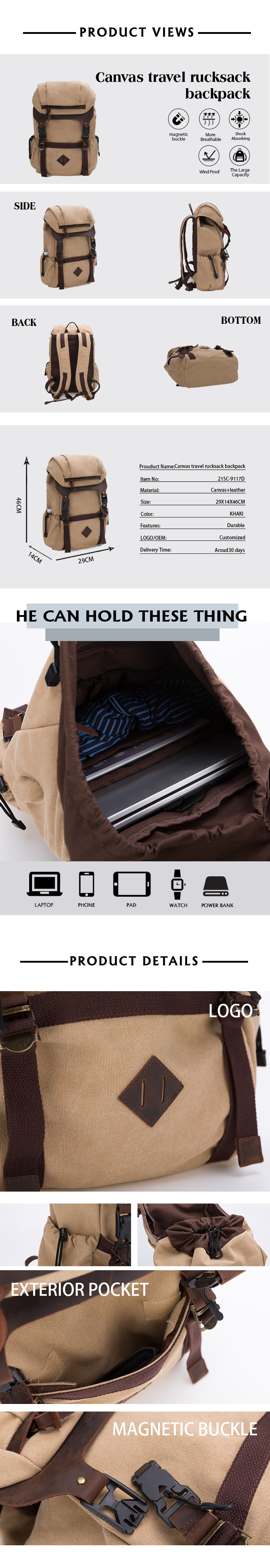 Durable Canvas Travel Rucksack Backpack for Men