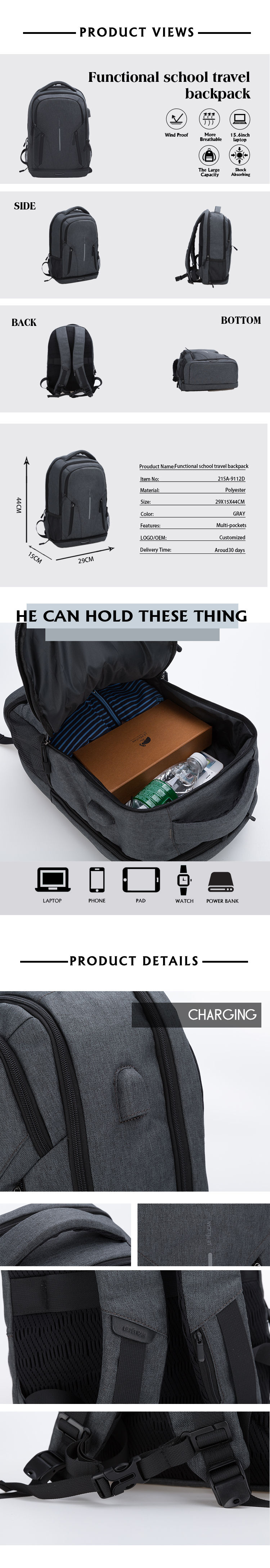 USB Charging Travel Laptop Backpack For Men
