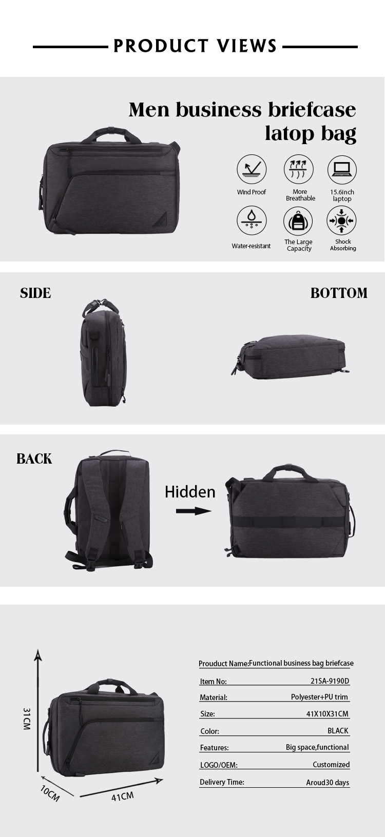 Factory in China Convertible Laptop Backpack Briefcase Bag for Men